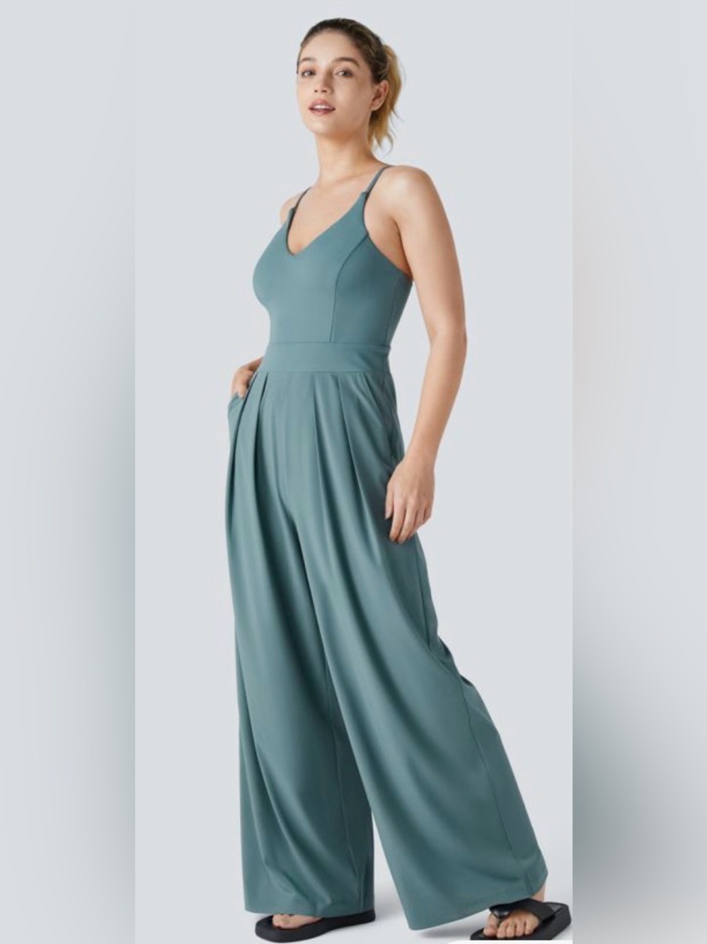 Halara Breezeful Wide Leg Jumpsuit L Blue Green 4-Way Stretch Pockets Coastal - Picture 3 of 11